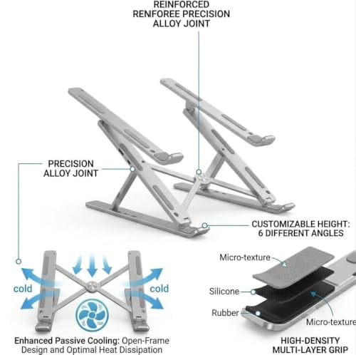 Image of ALS05 Ergonomic Foldable Laptop Stand with Integrated Phone Holder & Accessories Storage Tray - 6-Angle Adjustable Wooden Accent Notebook Riser for Desk (10-17 inch Laptops)