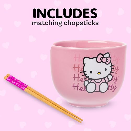Image of Silver Buffalo Sanrio Hello Kitty Waves, Ramen Bowl with Chopsticks, 20oz | Waving Pink, Ceramic, Noodle Rice, Microwave Safe, 0.59 Liters