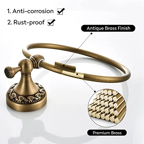 Image of Leyden Brass Towel Ring, Antique Retro Round Towel Holder, Wall Mounted Bath Hand Towel Rack Rail Bathroom Hardware Classical Ancient Wave Pattern Base
