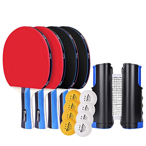 Richino Ping Pong Paddle, Table Tennis Set with 4 Rackets,8 ping Pong Balls and 1 Retractable Table Tennis net,Great Gift for Indoor or Outdoor Games