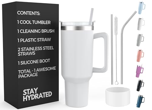Re Tech UK - 40oz Tumbler With Straw And Lid + 2 Stainless Steel Straws, Silicone Boot, 1.2 Litres, Insulated Cup With Straw And Lid - Travel Mug With Handle - Travel Tumbler With Straw And Lid, White Re Tech UK - 40oz Tumbler With Straw And Lid + 2 Stainless Steel Straws, Silicone Boot, 1.2 Litres, Insulated Cup With Straw And Lid - Travel Mug With Handle - Travel Tumbler With Straw And Lid, White