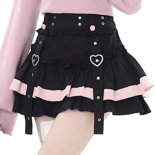 RILGOU Kawaii Lolita - Falda plisada estilo gótico, vintage, casual, cintura elástica, bloqueo de color, remache y ribete de encaje, para mujer, Negro -, M