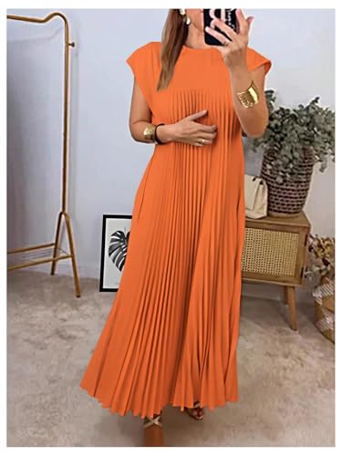 Image of GORGLITTER Women's Pleated Flowy Chiffon Church Dresses Elegant Summer Short Sleeve Wedding Guest Maxi Dress Outfits