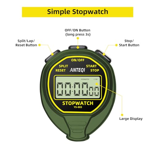 ANTEQI Waterproof Stopwatch, Large Display Simple Silent Stop Watch Timer with ON/Off Function No Clock No Calendar No Alarm Basic Operation for Sports Coaches Swimming Running Training, Green - Thumbnail 2