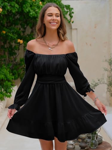 EXLURA Women's 2025 Casual Long Lantern Sleeve Dresses Square Neck Ruffle Tie Back Elastic Waist Aline Short Mini Dress2