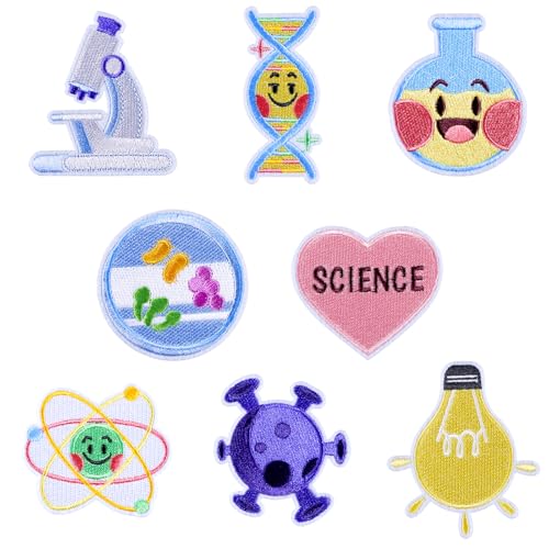8 piezas ciencia hierro en parches lindo caricatura física biología química laboratorio costura en reparación bordado apliques científicos experimento átomo ADN virus DIY manualidades regalos para