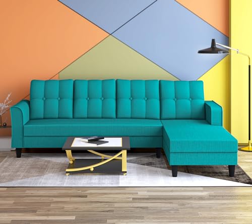 Image of Adorn India Maddox Tufted L Shape 6 Seater Sofa Set RHS (Aqua Blue) (3 Year Warranty)