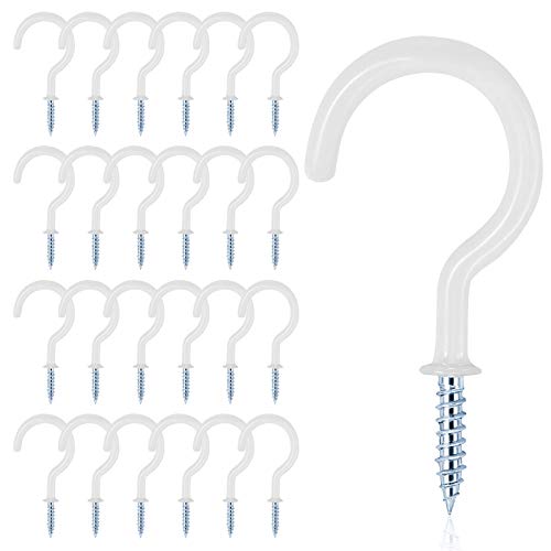 MJIYA 24 PCS Vinyl Coated Ceiling Hooks Question Mark Shape Hook Heavy Duty Screw Cup Hook for Bathroom Kitchen Wall Ceiling Hanging (White, 1 inch)