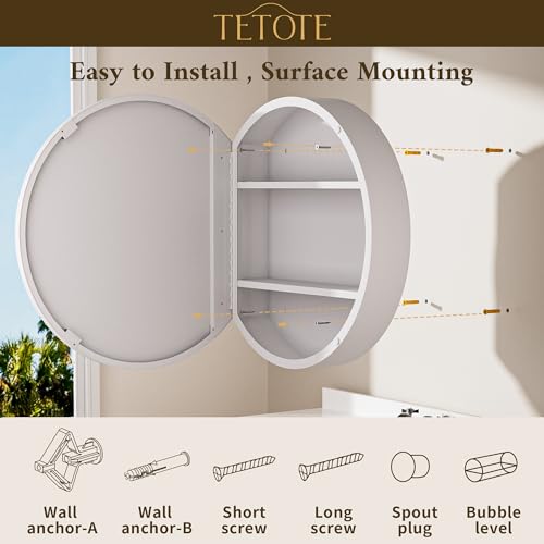 Image of TETOTE Bathroom Mirror Cabinet 28 x 28 White Round Bathroom Medicine Cabinet with Mirror Adjustable Shelves Farmhouse Wall Mirror with Storage Surface Mounted