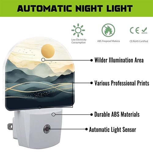Image of Golden Sun and Mountains Night Light for Kids,Watercolor Sunrise Sunset Mountain Plug in Night Light with Dusk to Dawn Sensor, 0.5w Energy Saving Nightlight for Hallway Stairway Kitchen Bedroom