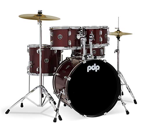 Pacific Drums Center Stage - Kit completo de batería de 5 tambores, color rojo rubí brillante, 18 x 25...