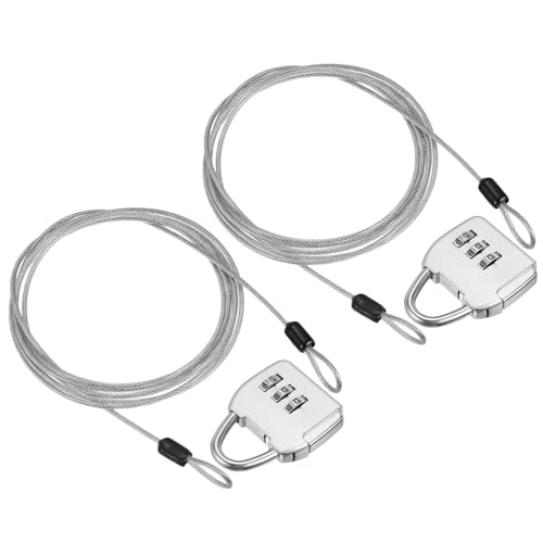 Image of PATIKIL Security Steel Cable with 3 Digit Combination Lock, 2 Set Travel Padlock 6.6Ft Coated Safety Wire Rope Double Loop for Luggage Suitcase, Silver