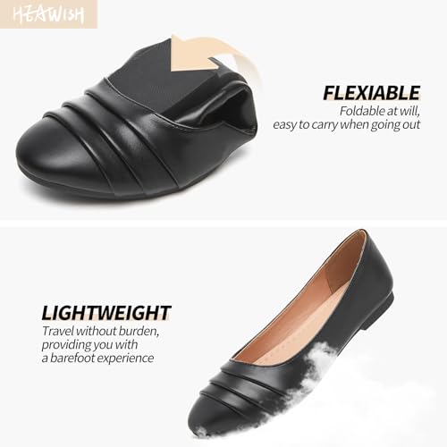 HEAWISH Women's Black Flats Shoes Round Toe Slip On Casual Ballet Flats PU Leather Dressy Work Shoes3