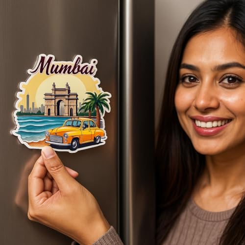 Image of Naxon Mumbai Theme Souvenir Wooden Fridge Magnet - 3x3 Inch Stylish Refrigerator Magnet for Kitchen & Home Decor | Travel Souvenir Gift with Charminar Design | Pack of 1