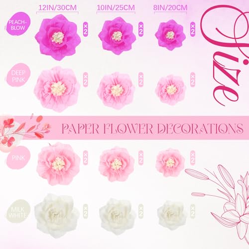 Image of Cholemy 24 Pcs Tissue Paper Flowers, Crepe Paper Flowers Decorations 8 inch 10 inch 12 inch for Wedding Party Baby Bridal Shower Carnival Party Birthday Nursery Wall Decor (Hot Light Pink)