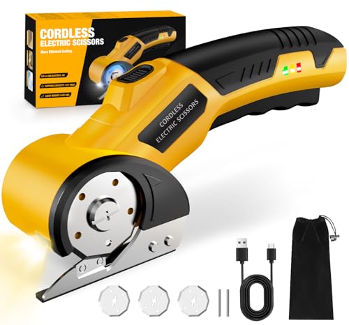 Cordless Electric Scissors,4V Rechargeable Cardboard Cutter Heavy Duty Scissor with Safety Lock & LED Light for Box Carpet Plastic Fabric(Yellow)