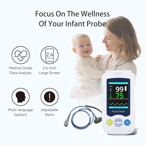 Image of Overnight Pulse Oximeter for Baby, Medical Grade Accuarcy SpO2 & Pulse Rate Continuous Pulse Oximeter Pediatric Blood Oxygen Saturation Monitor Handheld Infant with Adjustable Alarms and 500 Data Storage