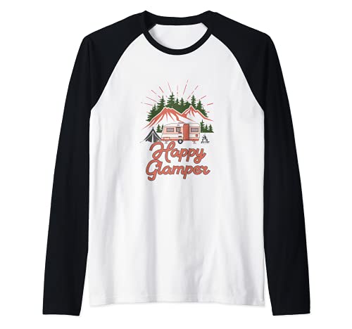 Lindo feliz glamour divertido al aire libre amantes Glamping RV Camping Camiseta Manga Raglan