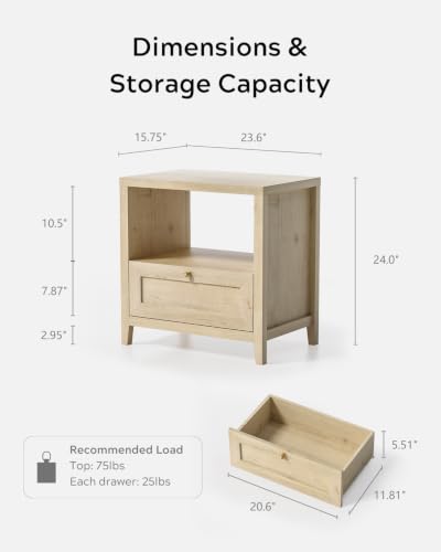 Image of EYYTHUNG Farmhouse Nightstands Set of 2 with Drawer Modern 24 inch Wide End Table Night Stand Large Wooden Bedside Table with Open Shelf Mid Century Night Stands for Sofa, Light Oak