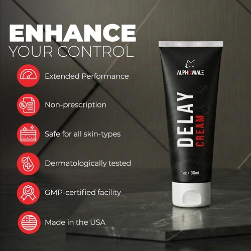 Image of AlphaMale Premium Delay Cream - Last Longer in Bed - Desensitizing Creme with 7.5% Benzocaine - No-Mess Alternative to Delay Spray - To Prolong Intimacy - 1oz