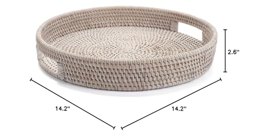 13.8 inch Round Rattan Tray, Decorative Coffee Table Tray, Ottoman Tray, Woven Serving Tray with Handles, Wicker Serving Basket, Whitewash - Image 4