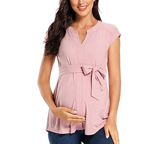 Glampunch Maternity Tops V Neck Sleeve&Long Sleeve Tunic Tops Casual Pregnancy Blouse Shirts, Short Sleeve/Dark Pink, X-Large Cover
