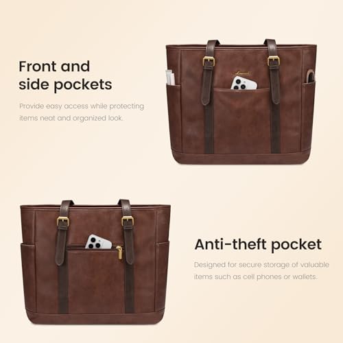 LOVEVOOK Laptop Bag for Women Vintage Leather Work Tote 15.6 inch Large Capacity Computer Bag — view 3