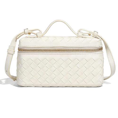 Image of Mini Woven Crossbody Purse Square Box Bags Top-Handle Tote Handbag Shoulder Bag Cute Satchels Trendy (Chalk White-A)