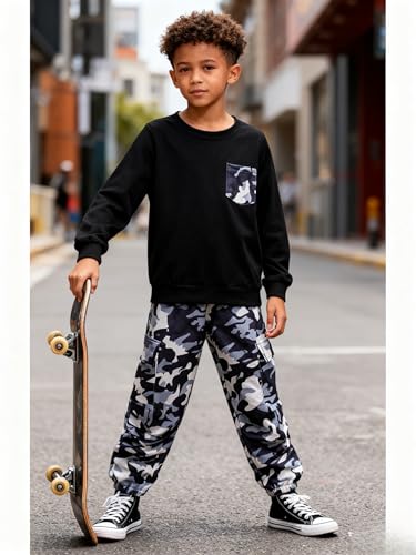 Image of Boy Clothes Plant Camouflage Pants LA Letter Print Top Sweatsuit Fall Boys Outfits Set