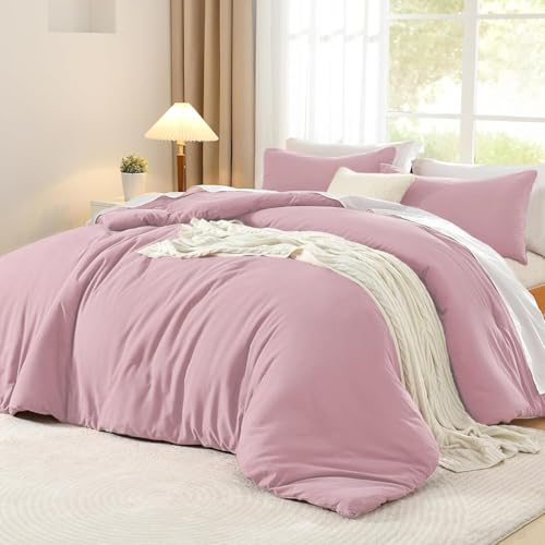 Luofanfei Housse de Couette Coton 220x240 Vieux Rose Adulte Ado Uni 2 Personnes Parure de Lit Unie en Coton Housse Couette 240x220 Linge de Lit avec Fermeture éclair et...