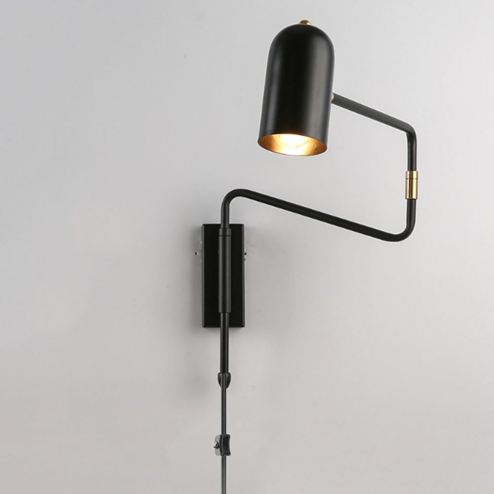 Vintage Wandleuchte mit Schalter und Stecker Wandlampe Verstellbarem Langen Arm Drehbarem Nachttischlampe E27 Innen Retro Industrielle Leselampe Teleskoparm Licht für Schlafzimmer Raum,Schwarz