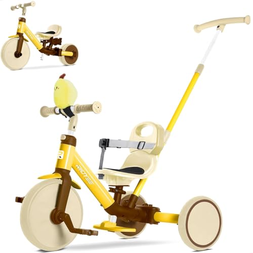 Image of RIDYEE 5-in-1 Toddler Tricycle for Ages 1.5–3, Parent Steering Push Trike, Tool-Free Convertible to Balance Bike, Safety Belt, Removable Backrest and Footrest, Ride-On Toy for Boys & Girls, Yellow