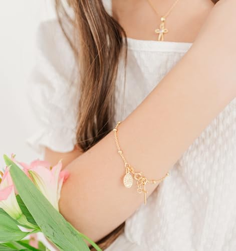 Image of Cherished Moments 14K Gold-Plated Rosary Bracelet First Communion or Confirmation Gift for Girls with Miraculous Medal and Cross Charm
