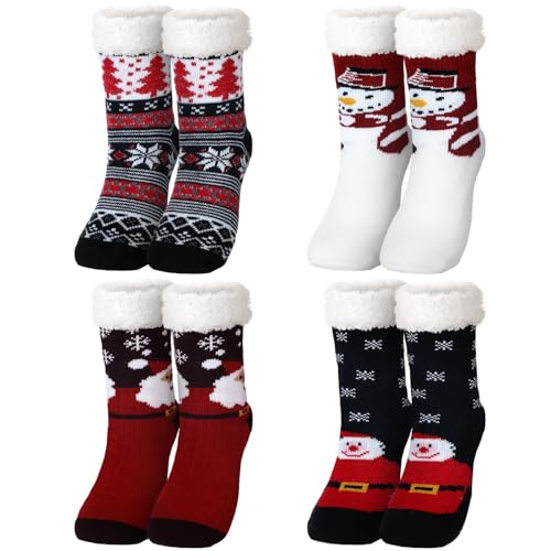 4 Packs Christmas Fuzzy Slipper Socks Xmas Fluffy Sherpa Thermal Socks with Grippers for Women men