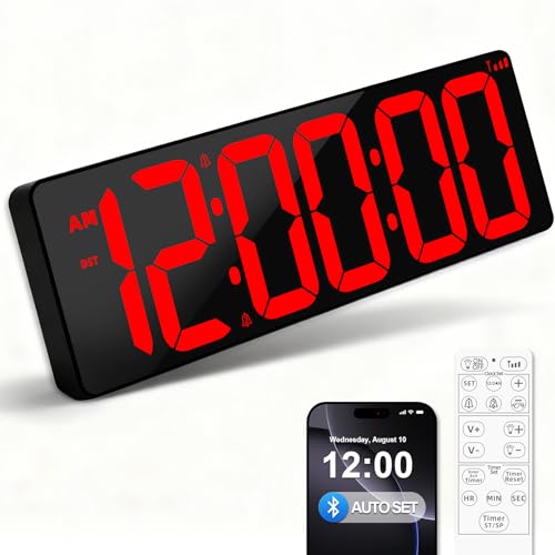 TXL 17.2 Bluetooth Digital Wall Clock with Seconds Large Countdown Timer for Classroom Home Gym Kitchen Office Alarm Clock with Remote Control 4 Dimmable Brightness Auto DST (Red)