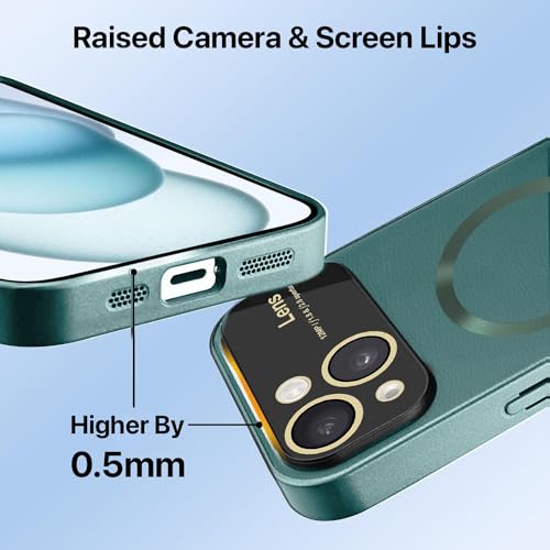 Image of Vaku Luxos Premium Polarized Leather Back Cover for iPhone 15 Plus Texture Full Lens Protection Silicon Case Scratch Resistant Slim Thin Compatible with Mag-Safe - Green