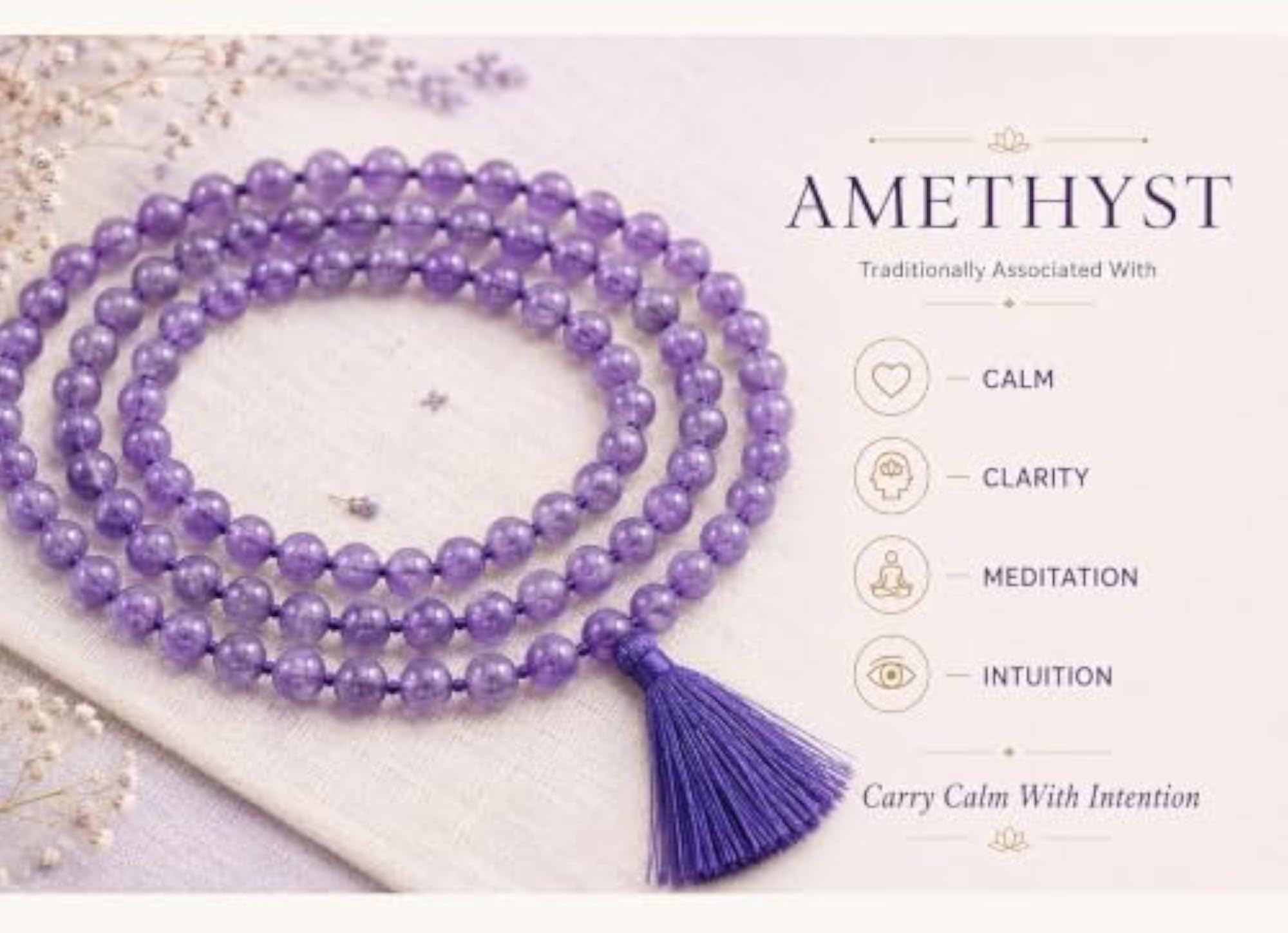 Amethyst Mala Necklace with Selenite Charging Plate