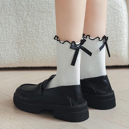 Image of Starella Women's Ruffle Ankle Socks Cute Bow Frilly Lettuce Cotton Crew Dress Sock for Loafers