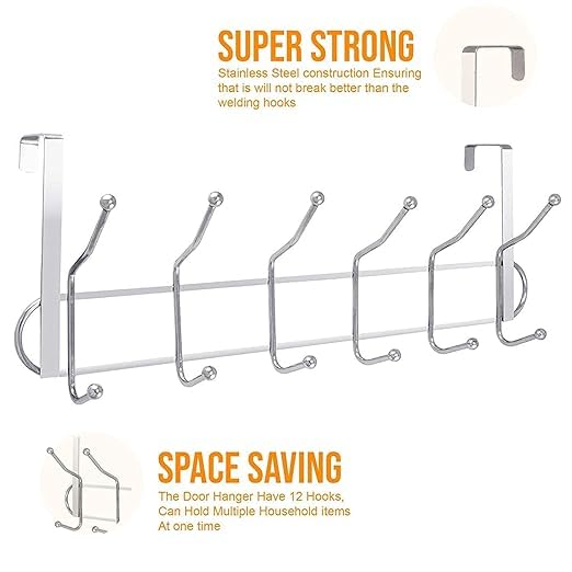 ANG MART Door Hanger for Cloth Hanging Over The Door Hook with 12 Portable Hooks Heavy Duty Cloth Hanger Rack for Hanging Clothes (12 Hooks Hanger) - Stainless Steel, Silver 2