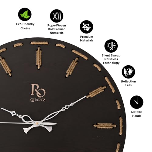 Image of Wooden Round Shape Wall Clock With Silver Hands and Golden Jute Rope Detailing | Elegant Silent Quartz Movement Anti Reflection Analog Vintage Clock for Home and Office (Black, 15.5 Inch)