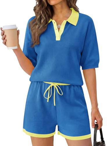 Image of Tankaneo Womens 2 Piece Short Sets Short Sleeve Knit Tops Vacation Outfits | Sweater Fabric, 2026 Summer, Collared, Matching Lounge Set
