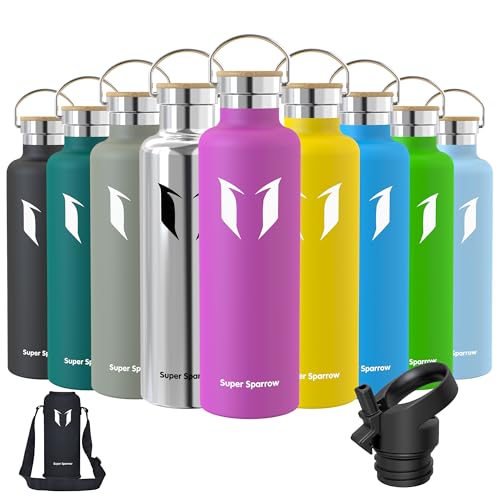 Super Sparrow Water Bottle Double Wall Vacuum Insulated Stainless Steel - 1000ml - Standard Mouth - Leak Proof Sports Bottle - Non-Toxic BPA Free - 2 Lids + Bottle Pouch