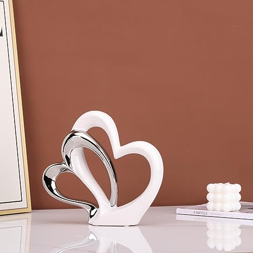 Estatua Dubble Heart de Cerámica Blanca y Plateada miniatura 5
