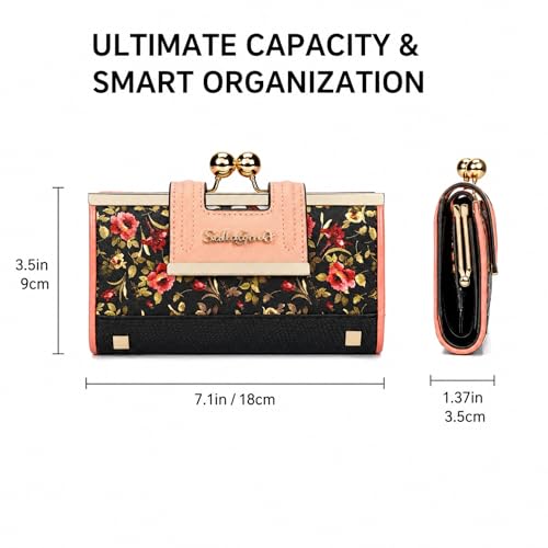 Image of Floral Wallet for Women, Vintage Kiss-Lock Clutch Purse