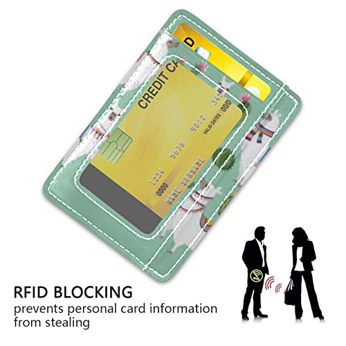 Tribal White Llama Alpaca with Ethnic Motifs, Green Cacti on Green Slim Minimalist Wallet, Front Pocket RFID Leather Blocking Card Holder Case for Men Women Girls Ladies, Stylish Printing Gift3