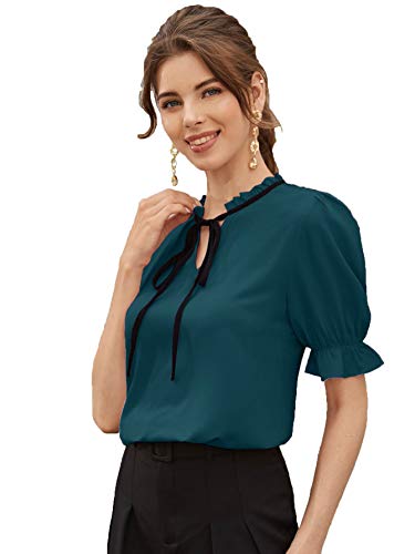 Image of Stylistico Soft Polyester Formal Stylish tie-up Office Solid Western Summer Short v-Neck Casual Plain Puff Half Sleeves Tops for Women Latest