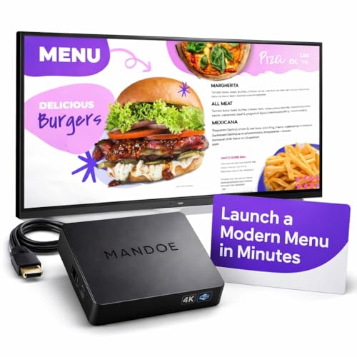 Image of Digital Menu Board for Restaurants. AI Digital Signage Player, Plug & Play HDMI Display, Easy Content Creation, Remote Control, Multi-Screen Support