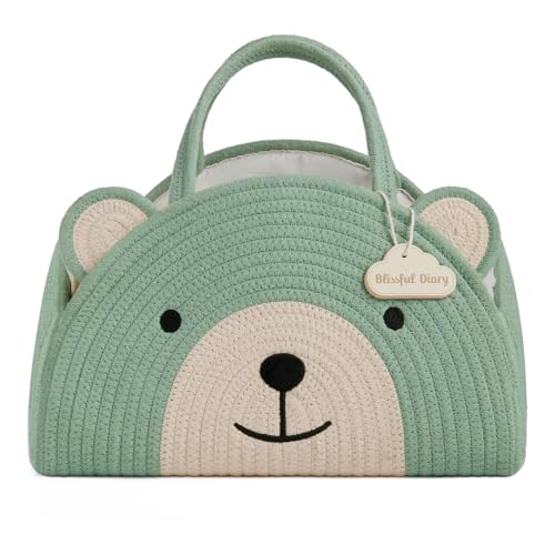 Image of Blissful Diary Baby Diaper Caddy Organizer, Cotton Rope Diaper Caddy Basket, Large Storage Basket, Gift for Baby Shower, Newborn Essentials, Bear Roman Green
