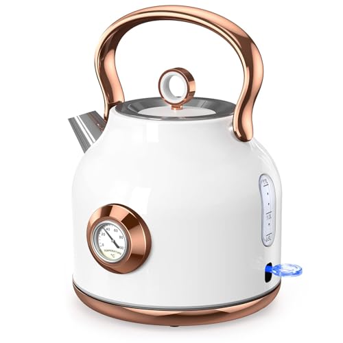 Comparison: Rose Gold Kettle 10 Retro Electric Kettle, 1.7L Stainless Steel Tea Kettle with Large Temperature Gauge, 1500W Fast Heating Hot Water Boiler with LED Indicator, Auto Shut-off & Boil-Dry Protection-Reteo White