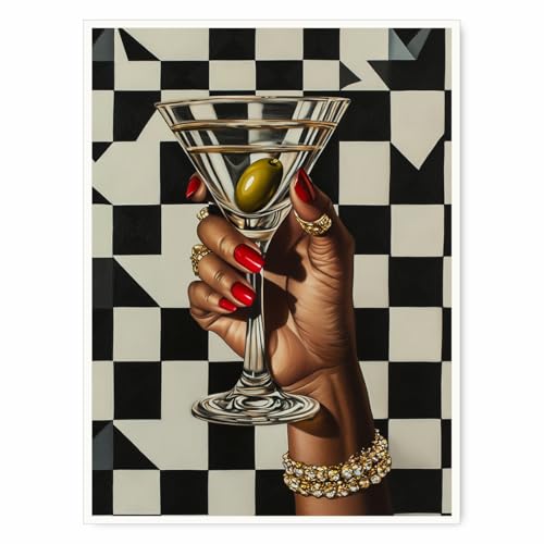 Retro Martini Painting Black Woman Bar Cart Wall Art Eclectic